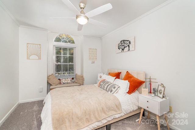 bedroom featuring ceiling fan, carpet flooring, and ornamental molding