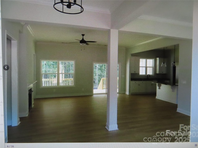 interior space featuring dark wood finished floors, ornamental molding, a sink, ceiling fan, and baseboards