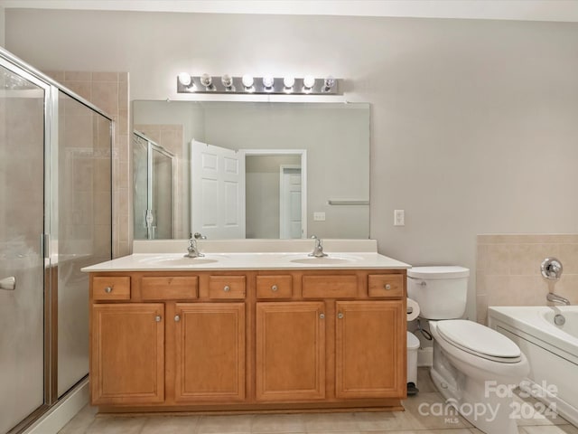 full bathroom with toilet, vanity, separate shower and tub, and tile patterned flooring