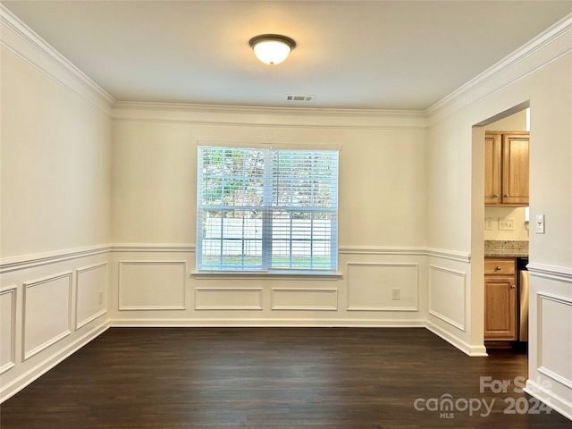 unfurnished dining area with dark wood-type flooring and ornamental molding