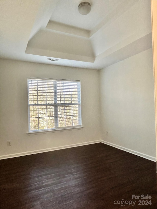 empty room with a raised ceiling and dark hardwood / wood-style floors