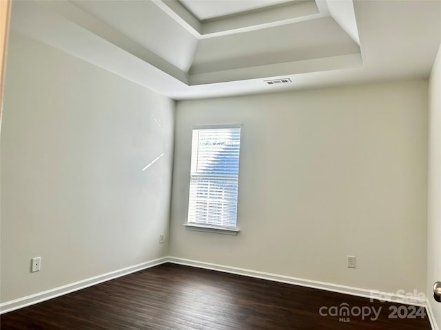 spare room featuring a tray ceiling and wood-type flooring