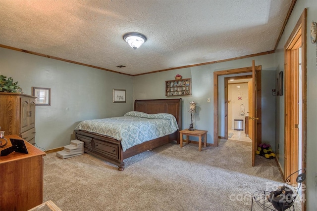 bedroom featuring crown molding, light carpet, and a textured ceiling