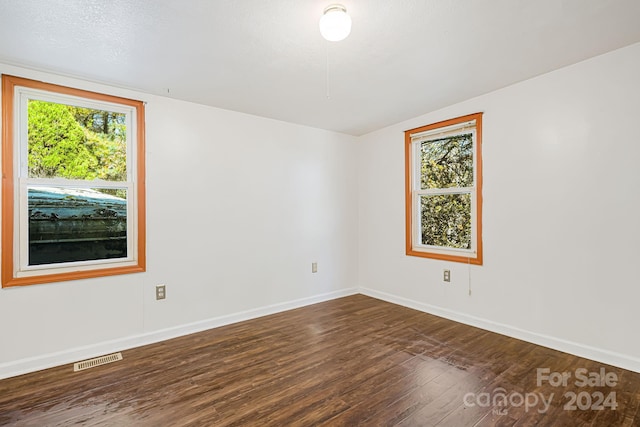 spare room with a textured ceiling, lofted ceiling, a wealth of natural light, and dark hardwood / wood-style flooring