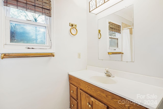 bathroom featuring a wealth of natural light, vanity, and a shower with curtain