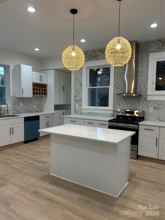 124 Elam St, Lawndale, NC 28090 - kitchen with decorative backsplash, stainless steel range with electric stovetop, dishwashing machine, wall chimney exhaust hood, and a sink