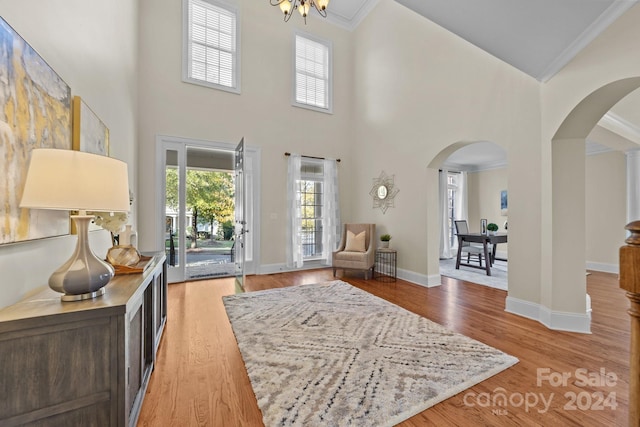 foyer entrance with ornamental molding, a high ceiling, and light wood-type flooring