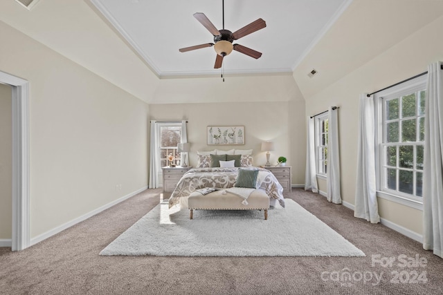 bedroom with ceiling fan, light carpet, ornamental molding, and lofted ceiling