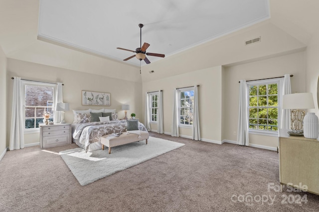 carpeted bedroom featuring ceiling fan, a raised ceiling, and ornamental molding