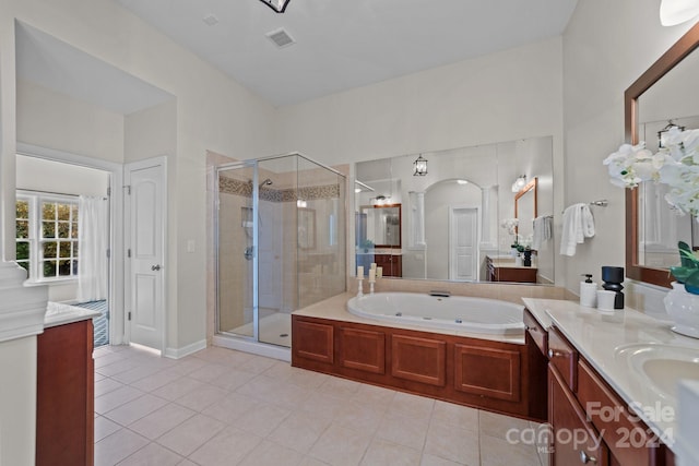 bathroom featuring vanity, decorative columns, and plus walk in shower