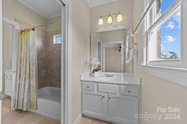 bathroom with vanity, crown molding, tile patterned floors, and shower / bath combination with curtain