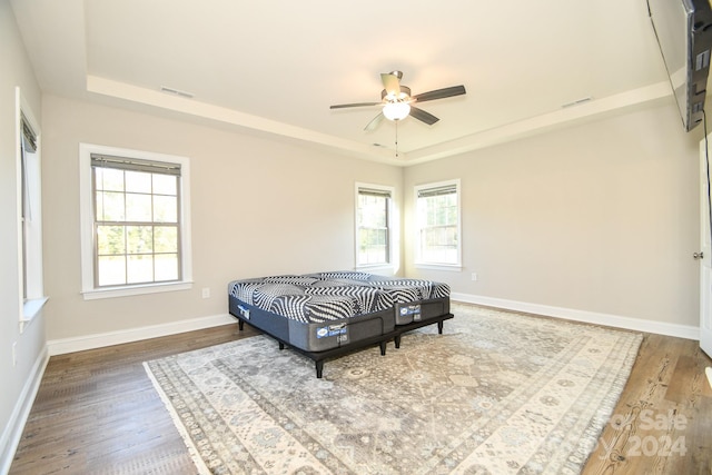 bedroom featuring hardwood / wood-style floors, multiple windows, a tray ceiling, and ceiling fan