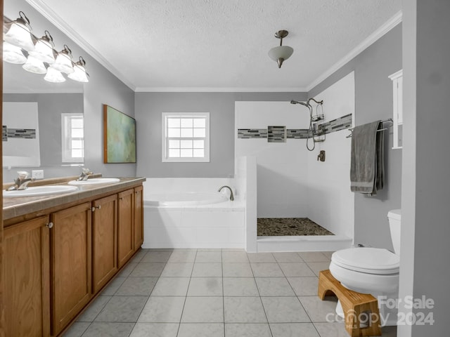 full bathroom with a healthy amount of sunlight, ornamental molding, a textured ceiling, and toilet