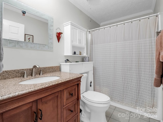 bathroom with toilet, a textured ceiling, vanity, and ornamental molding