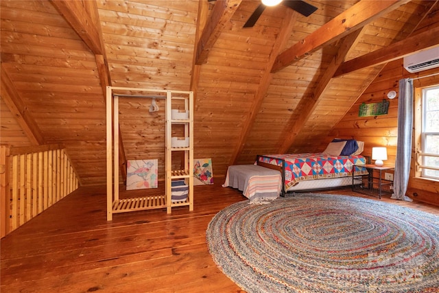 unfurnished bedroom featuring wood walls, wood ceiling, vaulted ceiling with beams, wood-type flooring, and a wall mounted AC