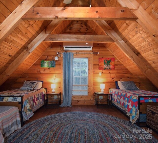 bedroom featuring dark wood-type flooring, a wall unit AC, lofted ceiling with beams, wooden ceiling, and wood walls