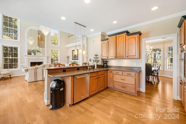 kitchen with stainless steel dishwasher, decorative light fixtures, and light hardwood / wood-style floors