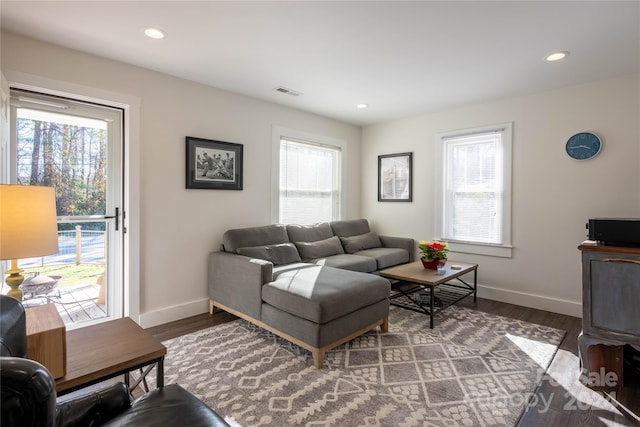 living room with hardwood / wood-style floors and a healthy amount of sunlight