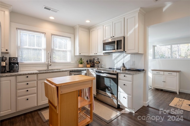 kitchen featuring sink, white cabinets, dark hardwood / wood-style floors, and appliances with stainless steel finishes