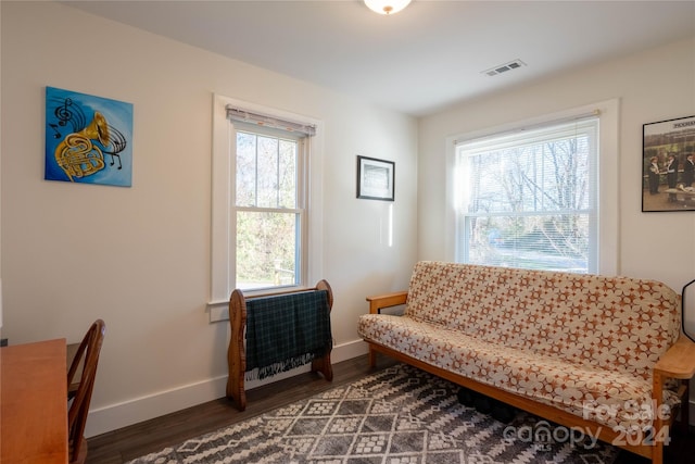 sitting room with a wealth of natural light and dark hardwood / wood-style floors