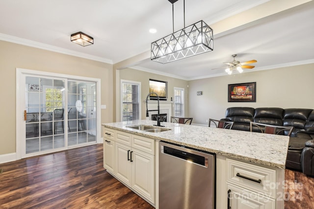 kitchen featuring stainless steel dishwasher, a wealth of natural light, pendant lighting, and dark hardwood / wood-style flooring