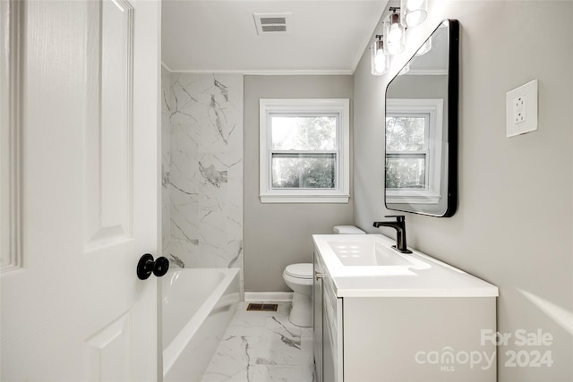 full bathroom with vanity, crown molding, tiled shower / bath combo, and toilet