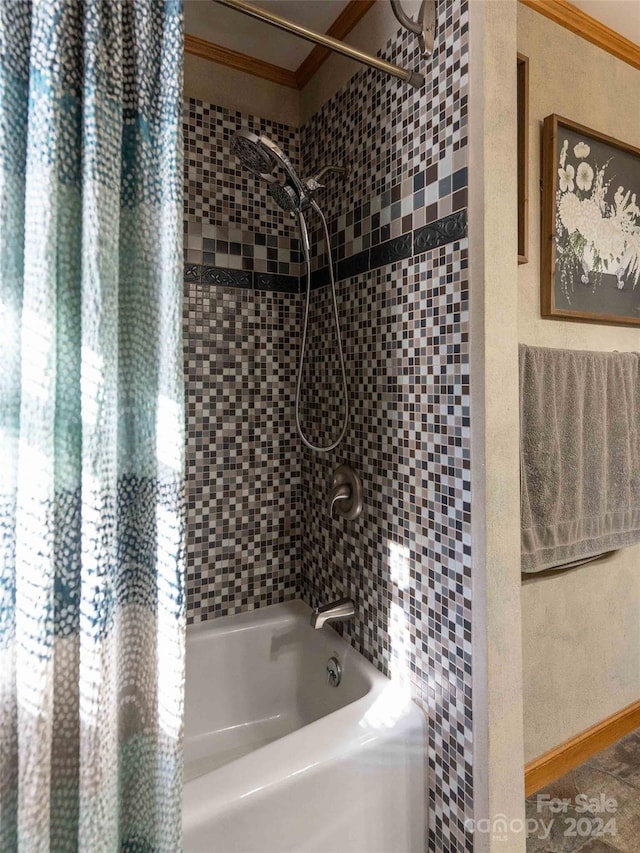 1000 Mountain View Church Rd, Zirconia, NC 28790 - full bath with ornamental molding, shower / tub combo, and baseboards
