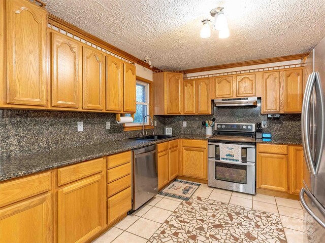 1000 Mountain View Church Rd, Zirconia, NC 28790 - kitchen featuring appliances with stainless steel finishes, a sink, under cabinet range hood, ornamental molding, and backsplash