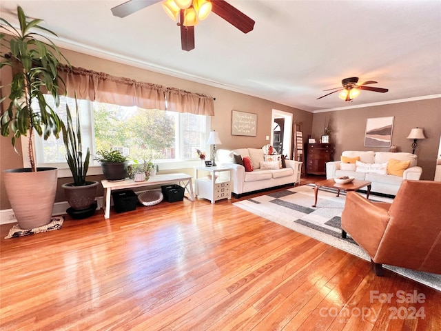 living room featuring light wood-type flooring, ceiling fan, and crown molding