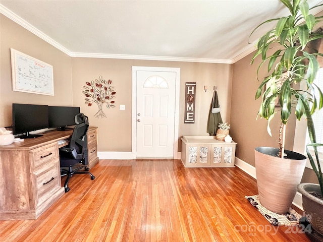 office featuring hardwood / wood-style flooring and crown molding