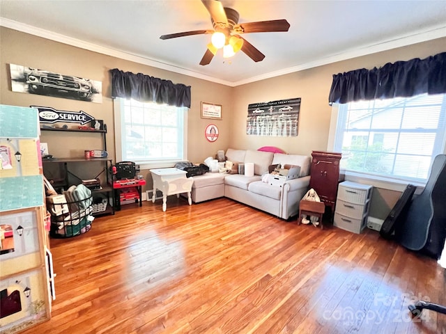 interior space featuring hardwood / wood-style floors, ceiling fan, and ornamental molding