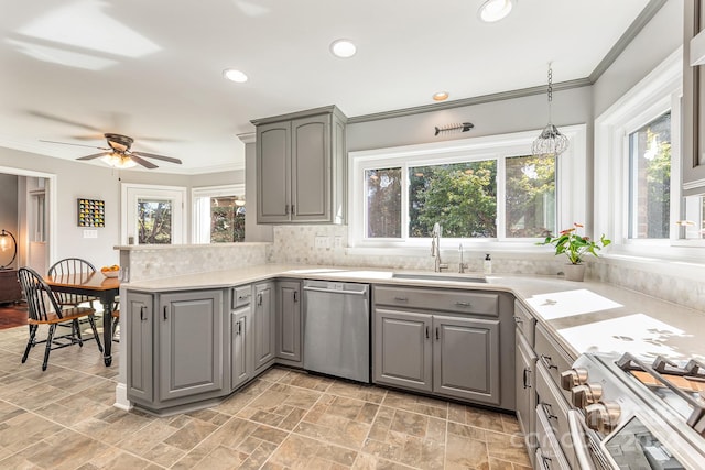 kitchen featuring gray cabinets, stainless steel appliances, sink, and plenty of natural light