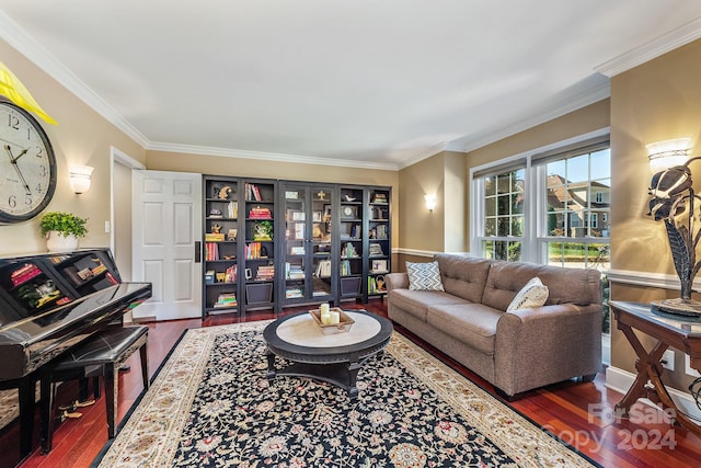 living room with ornamental molding and dark hardwood / wood-style flooring