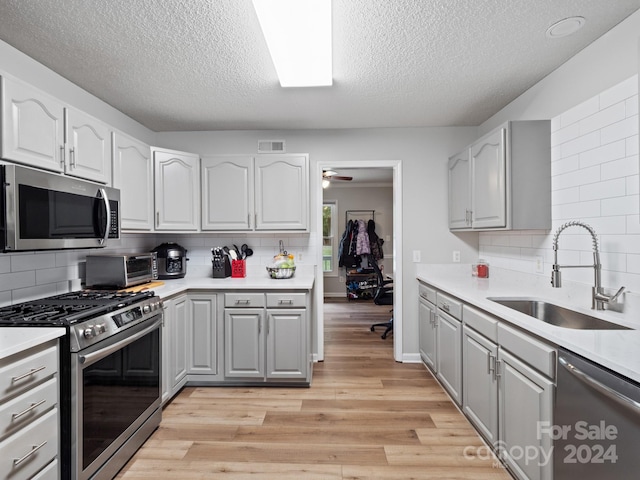 kitchen featuring appliances with stainless steel finishes, sink, backsplash, and light hardwood / wood-style floors