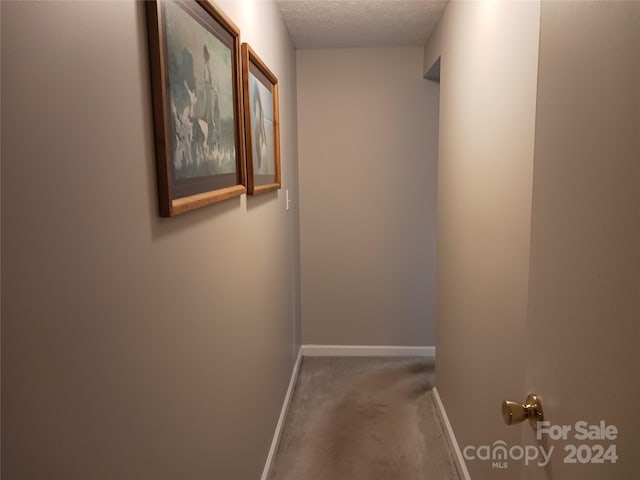 hall with carpet floors and a textured ceiling