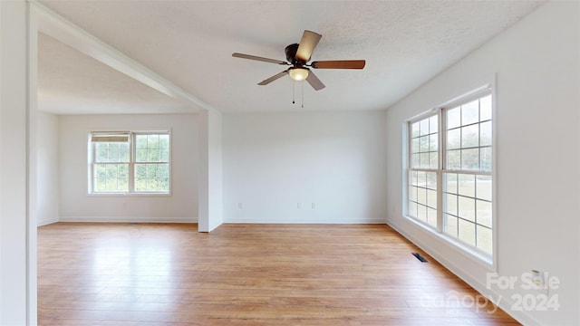 spare room with ceiling fan, light wood-type flooring, and a wealth of natural light