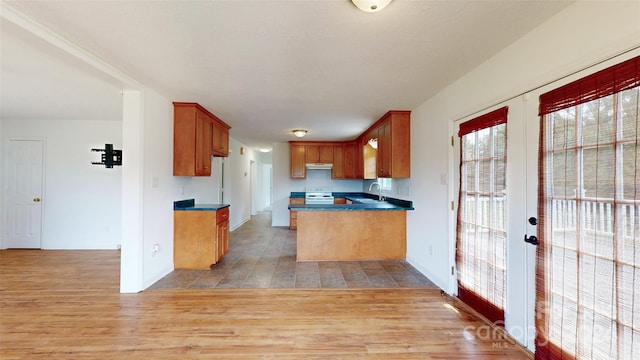 kitchen featuring light hardwood / wood-style floors, french doors, sink, and white range oven