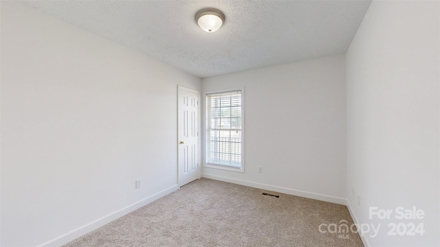 unfurnished room featuring a textured ceiling and light colored carpet