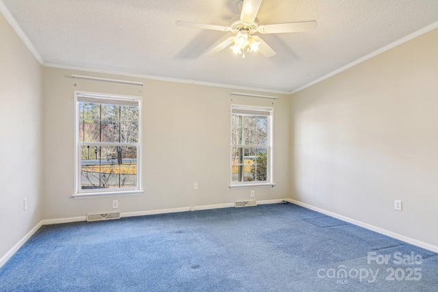 unfurnished room with crown molding, carpet, a textured ceiling, and a wealth of natural light