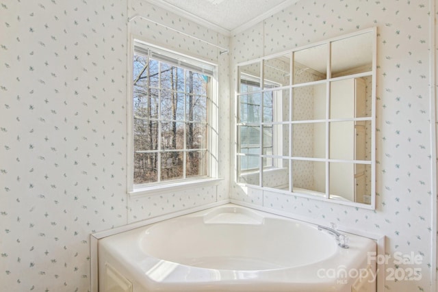 bathroom featuring crown molding, a tub to relax in, and a textured ceiling