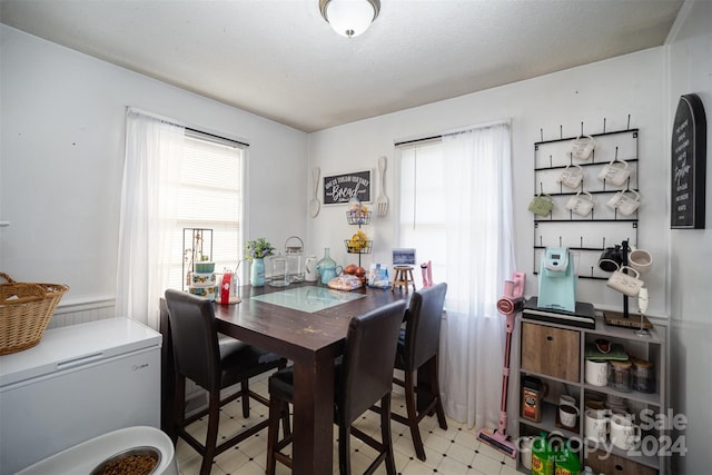 dining area featuring sink and a textured ceiling