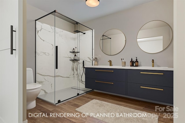 full bathroom with toilet, vanity, a marble finish shower, and wood finished floors