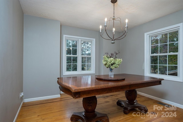 dining space featuring a wealth of natural light, a chandelier, a textured ceiling, and light wood-type flooring