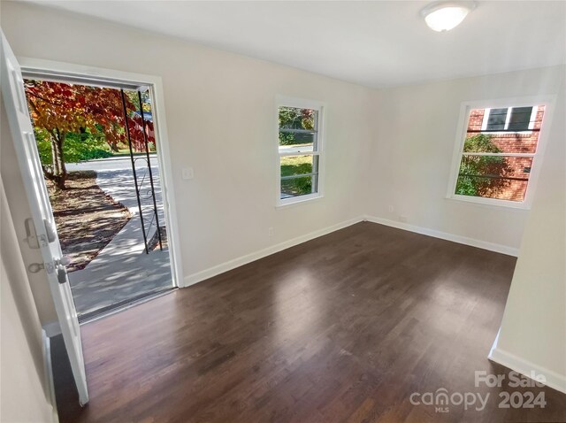 empty room featuring baseboards, plenty of natural light, and dark wood finished floors