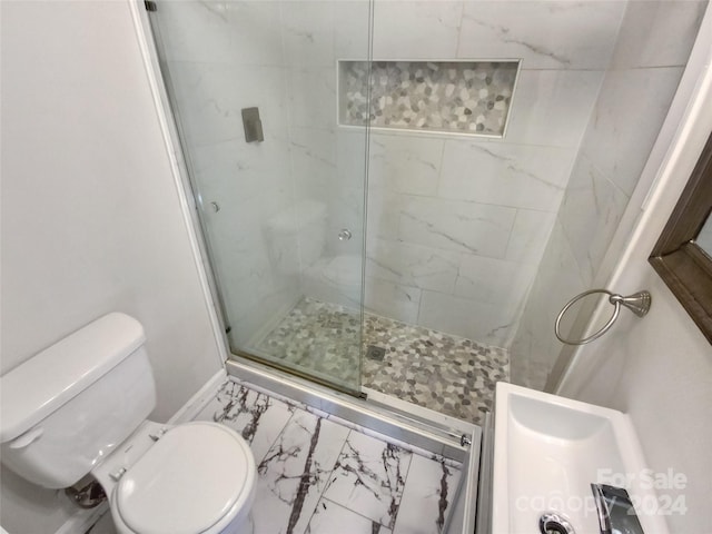 bathroom featuring vanity, toilet, and walk in shower