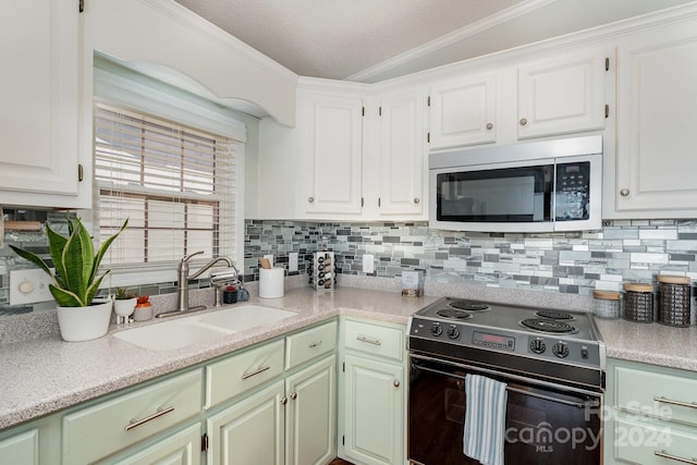 127 Lake View Dr, New London, NC 28127 - kitchen featuring electric range, stainless steel microwave, a sink, crown molding, and light countertops