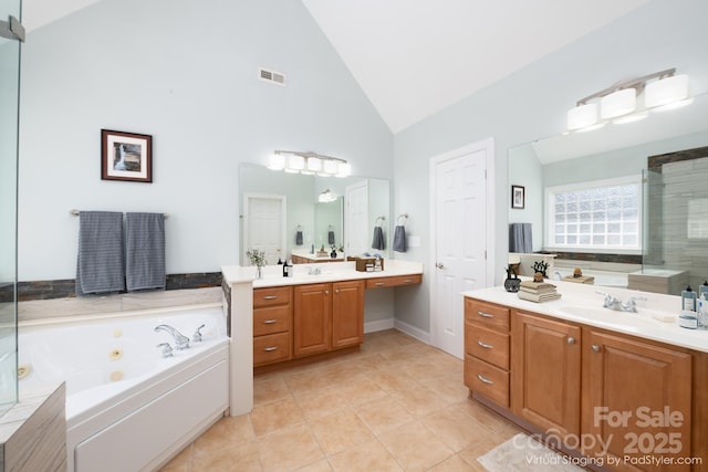 bathroom with vanity, tile patterned floors, high vaulted ceiling, and plus walk in shower