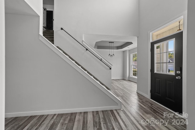 foyer entrance featuring wood-type flooring, a chandelier, and a raised ceiling