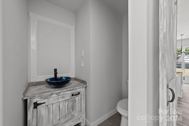 bathroom with toilet, vanity, and hardwood / wood-style floors