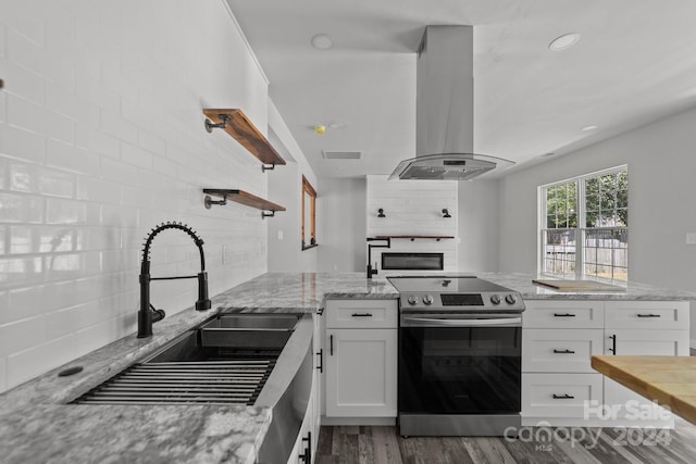 kitchen with white cabinetry, light stone counters, stainless steel electric range, island exhaust hood, and dark hardwood / wood-style flooring